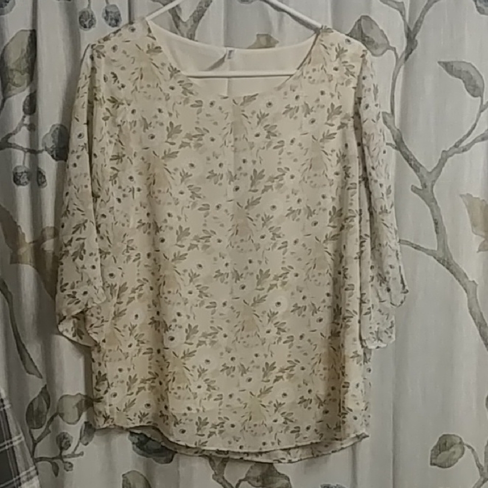 Women's Floral Blouse - Light Yellow with Sage Leaf Print And White Flowers